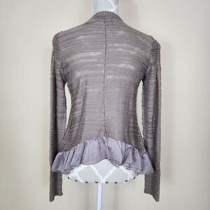 Waffle Knit Open Front Cardigan Ruffled Hem Neutral Size Small